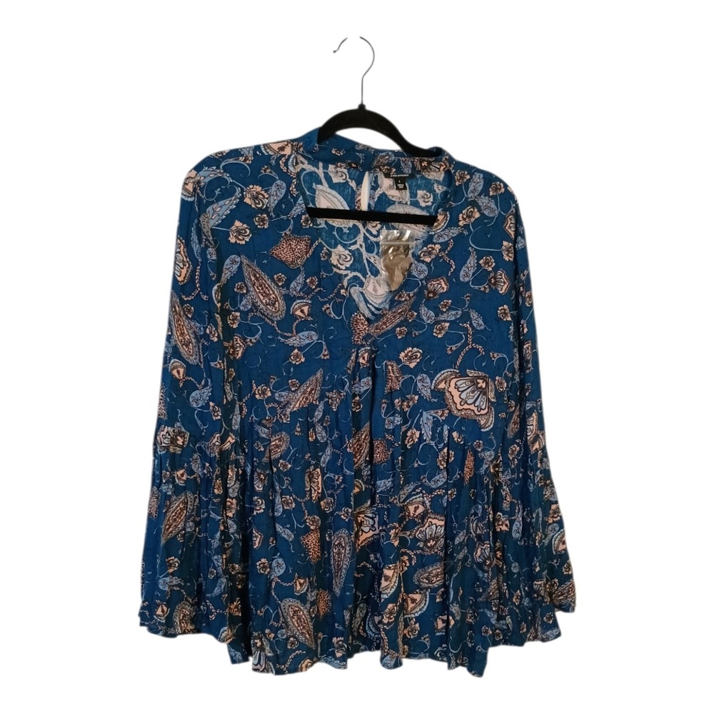 A.N.A Women's L Blue Paisley Choker Neck Boho Peasant Milkmaid Bell Sleeves Top